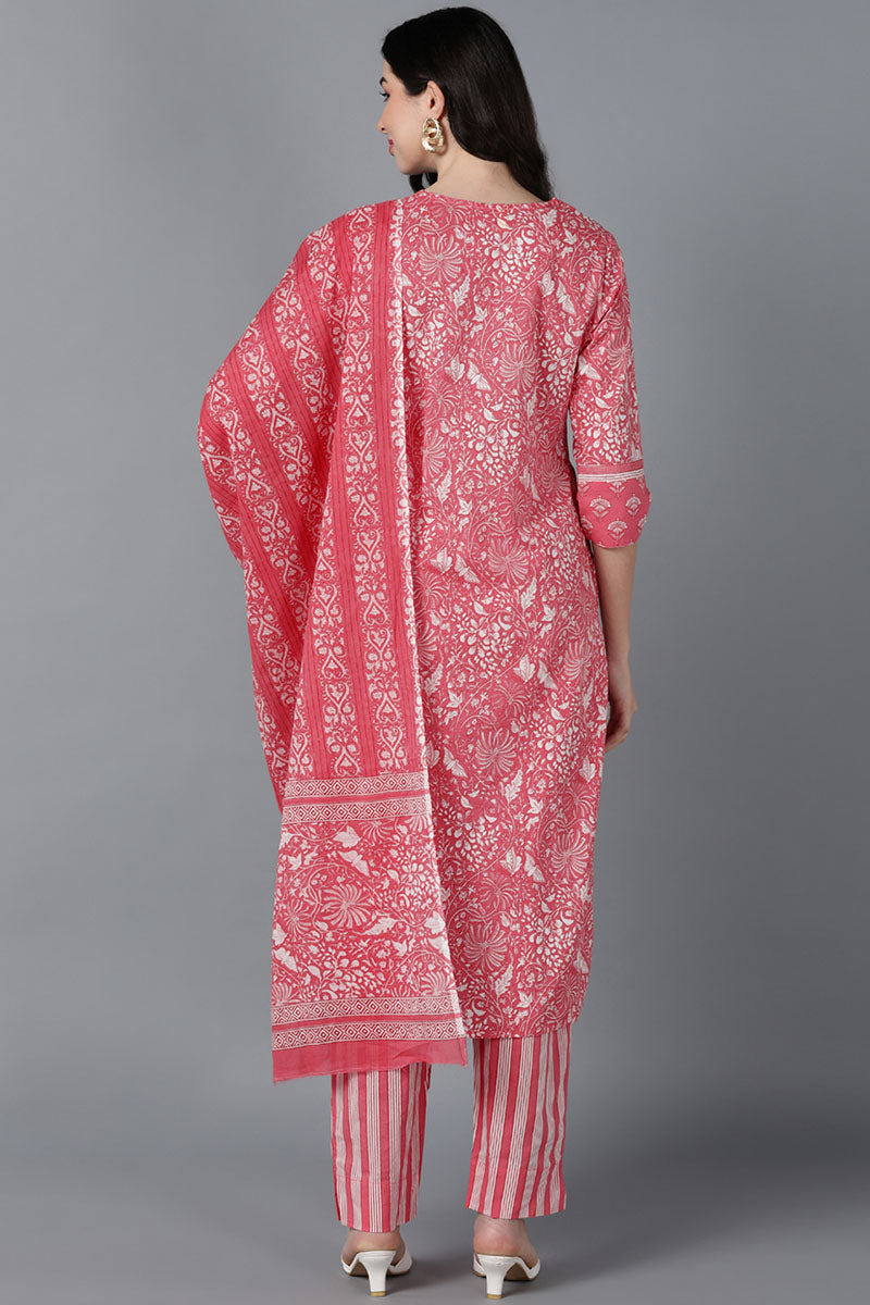 Pink Cotton Printed Kurta Trouser With Dupatta | SHOBITAM