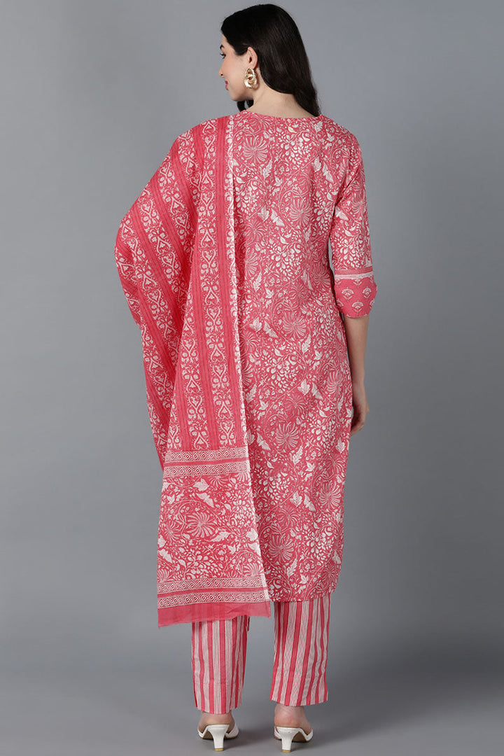 Pink Cotton Printed Kurta Trouser With Dupatta | SHOBITAM