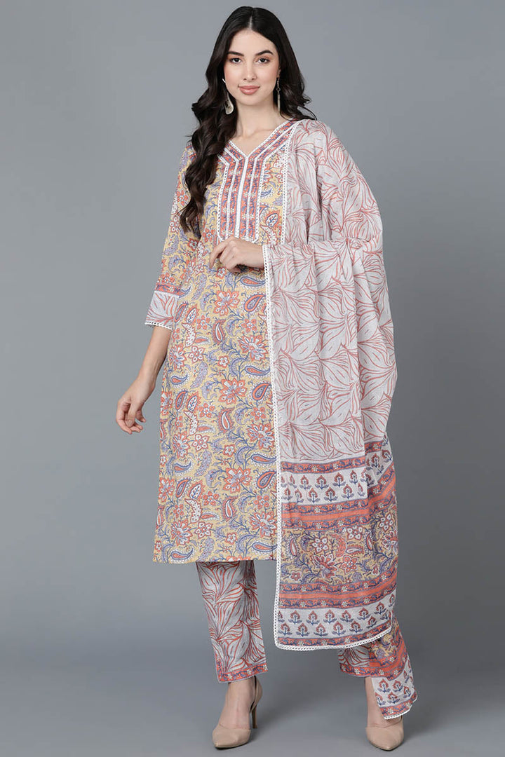 Cream Pure Cotton Floral Printed Straight Suit Set | SHOBITAM
