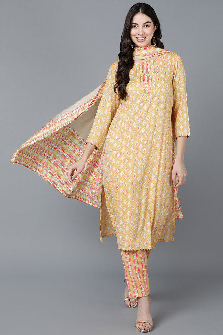Yellow Pure Cotton Straight Suit Set   | SHOBITAM
