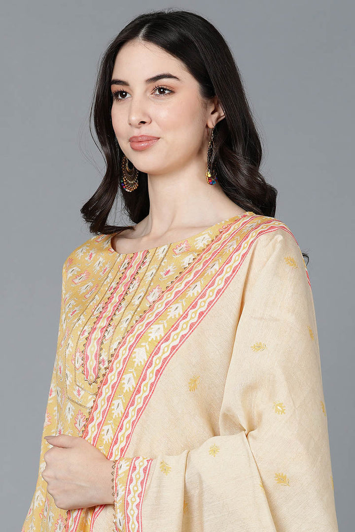 Yellow Pure Cotton Straight Suit Set   | SHOBITAM