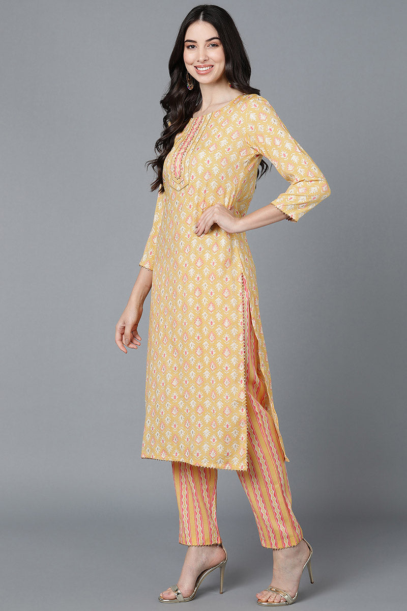 Yellow Pure Cotton Straight Suit Set   | SHOBITAM