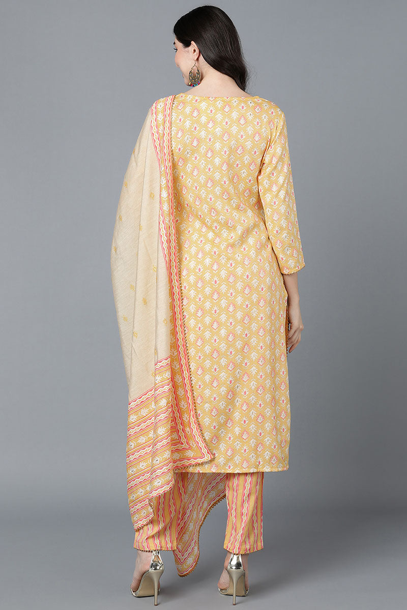 Yellow Pure Cotton Straight Suit Set   | SHOBITAM
