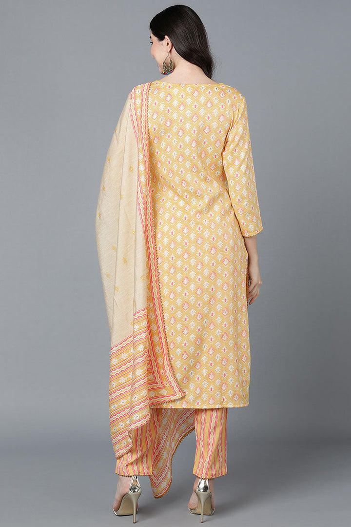 Yellow Pure Cotton Straight Suit Set   | SHOBITAM