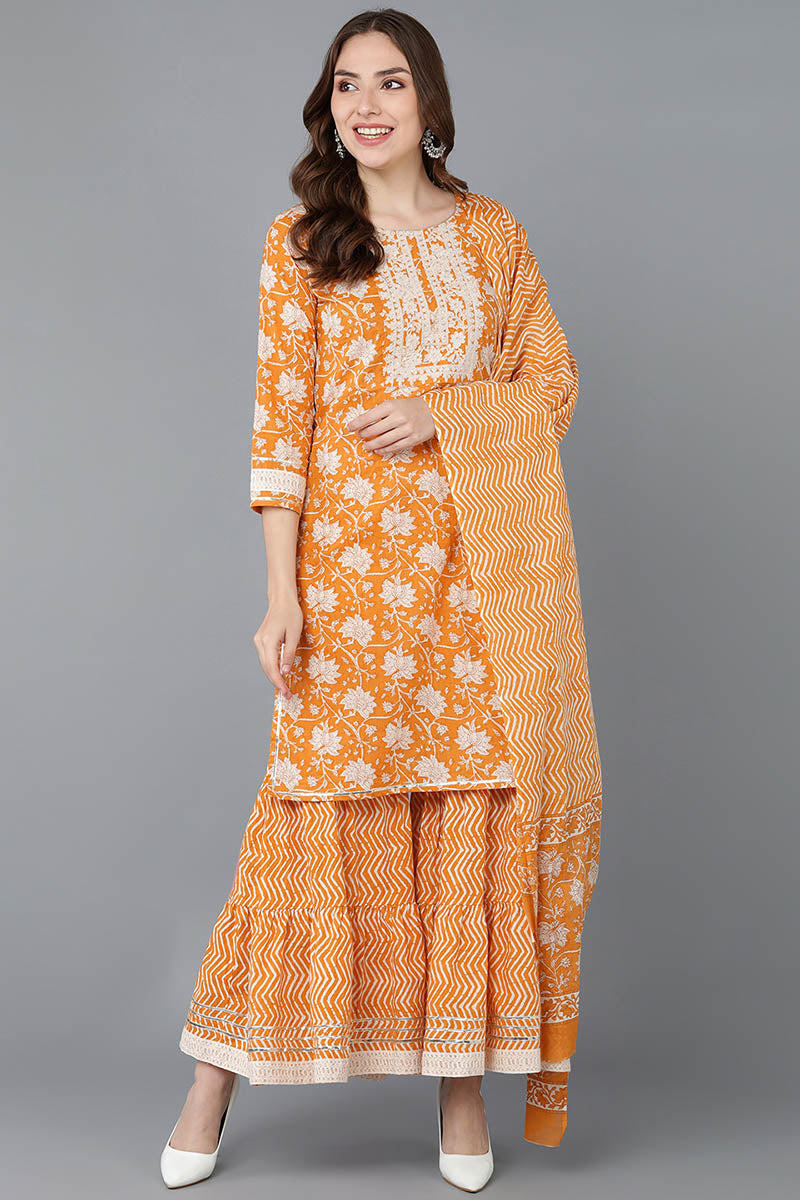 Orange Cotton Straight Kurta Sharara With Dupatta  | SHOBITAM