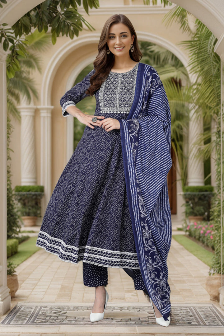 Navy Blue Rayon Blend Kurta Trousers With Dupatta | SHOBITAM