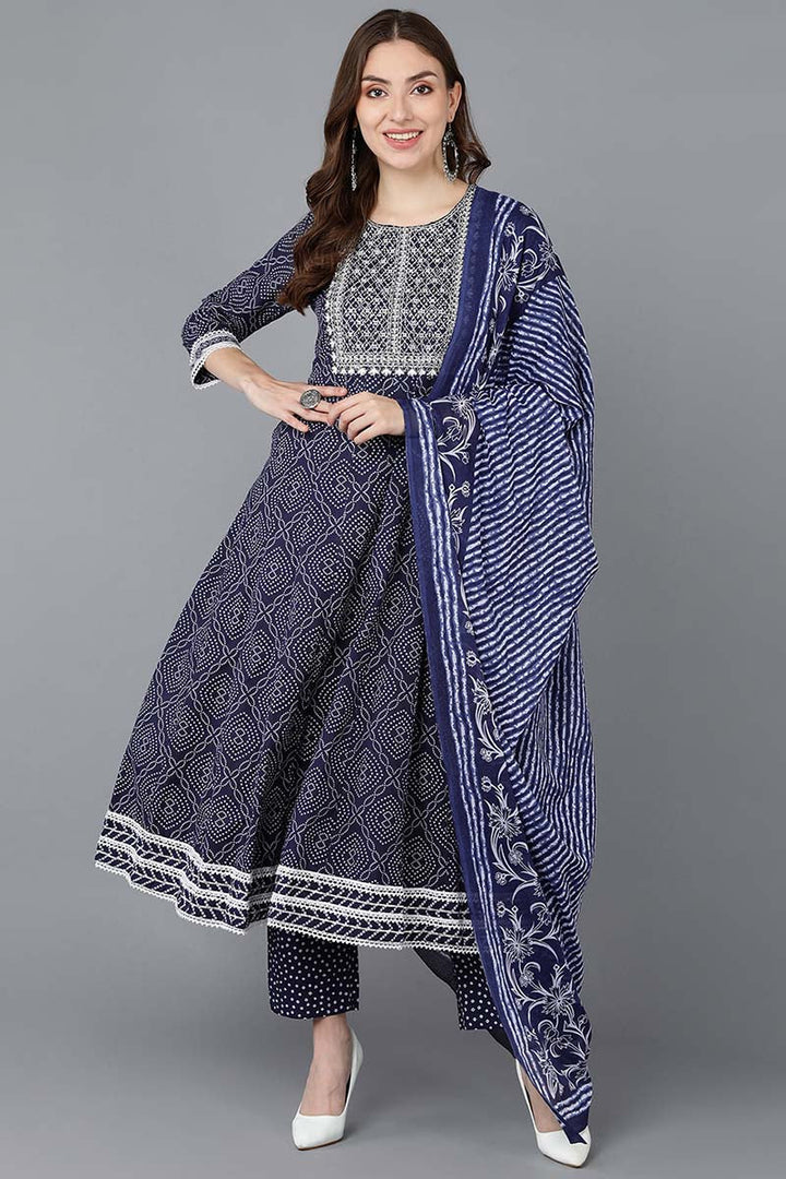 Navy Blue Rayon Blend Kurta Trousers With Dupatta | SHOBITAM
