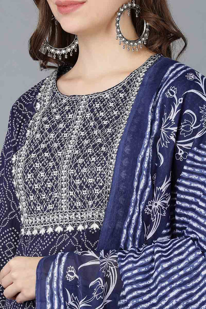 Navy Blue Rayon Blend Kurta Trousers With Dupatta | SHOBITAM