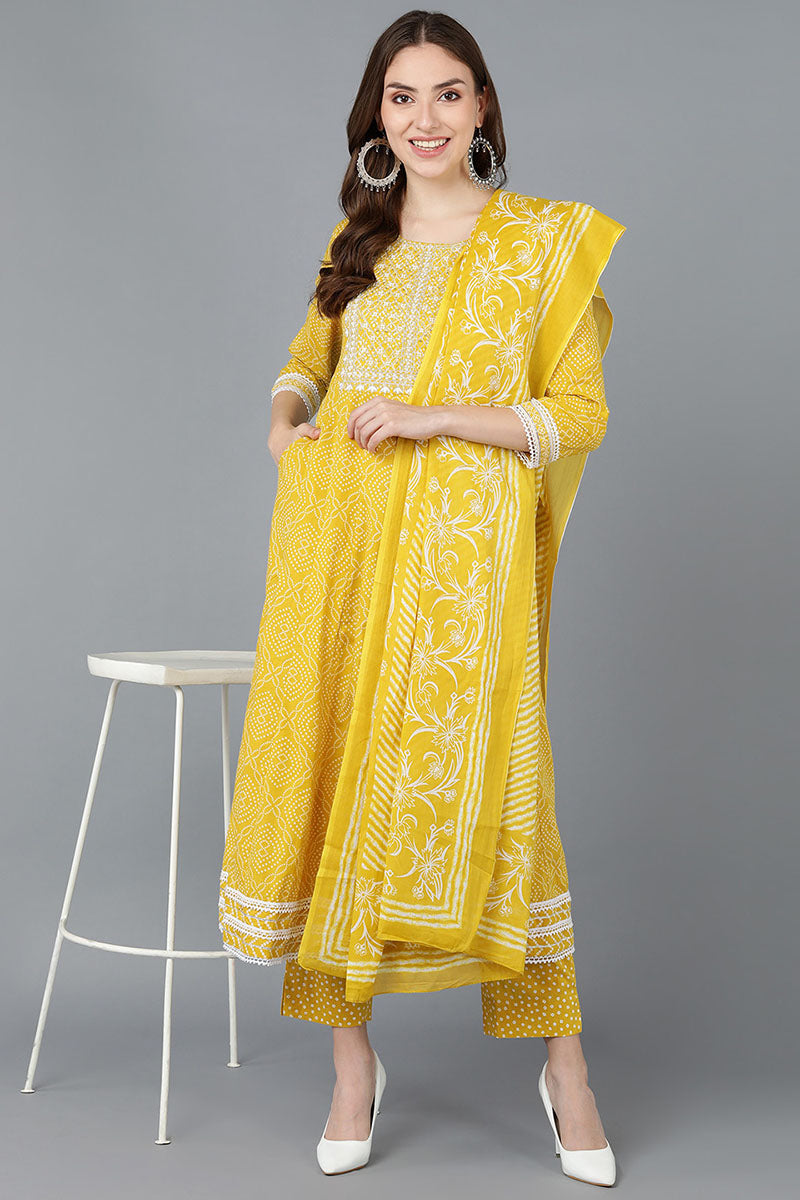 Yellow Rayon Blend Kurta Trousers With Dupatta | SHOBITAM