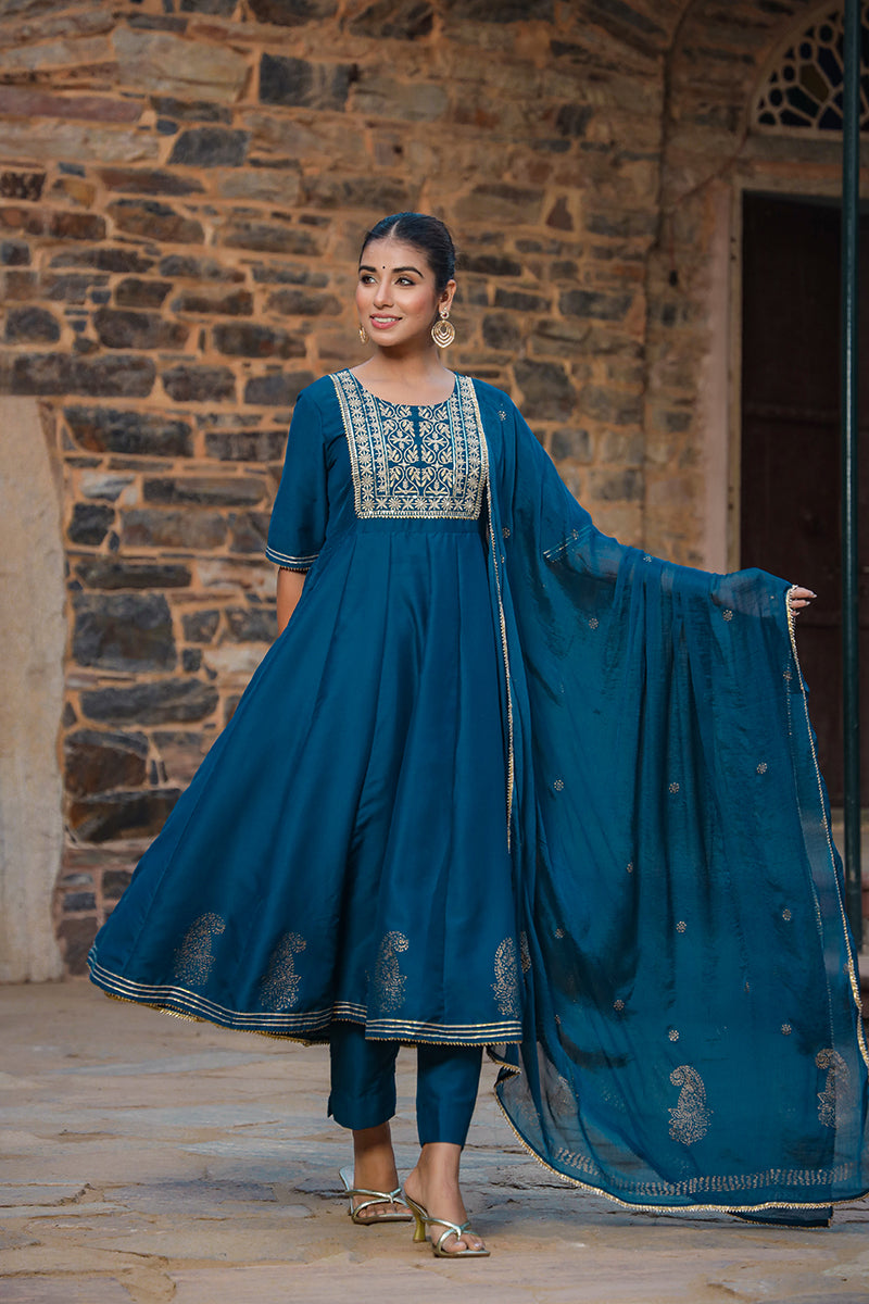 Teal Silk Blend Anarkali Suit Set   | SHOBITAM