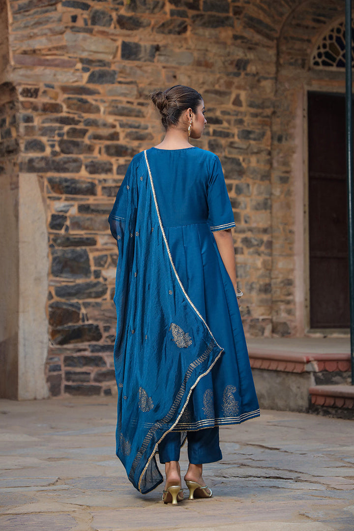 Teal Silk Blend Anarkali Suit Set   | SHOBITAM