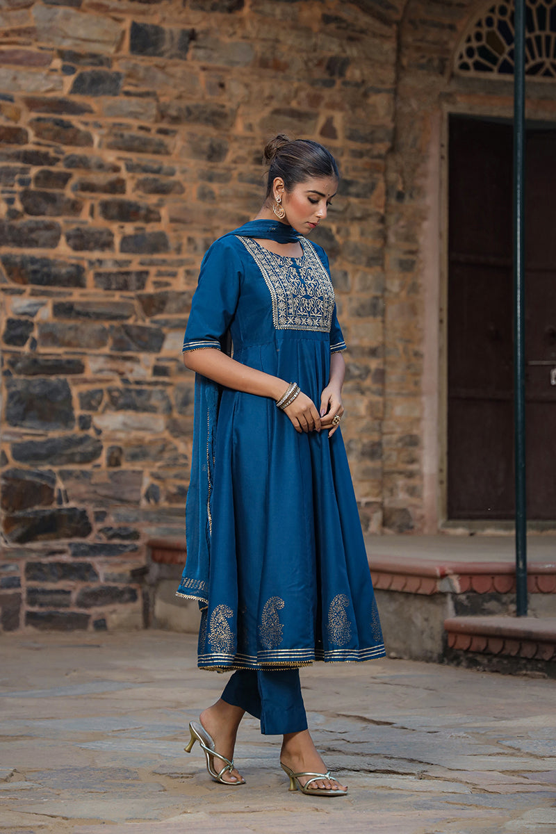 Teal Silk Blend Anarkali Suit Set   | SHOBITAM