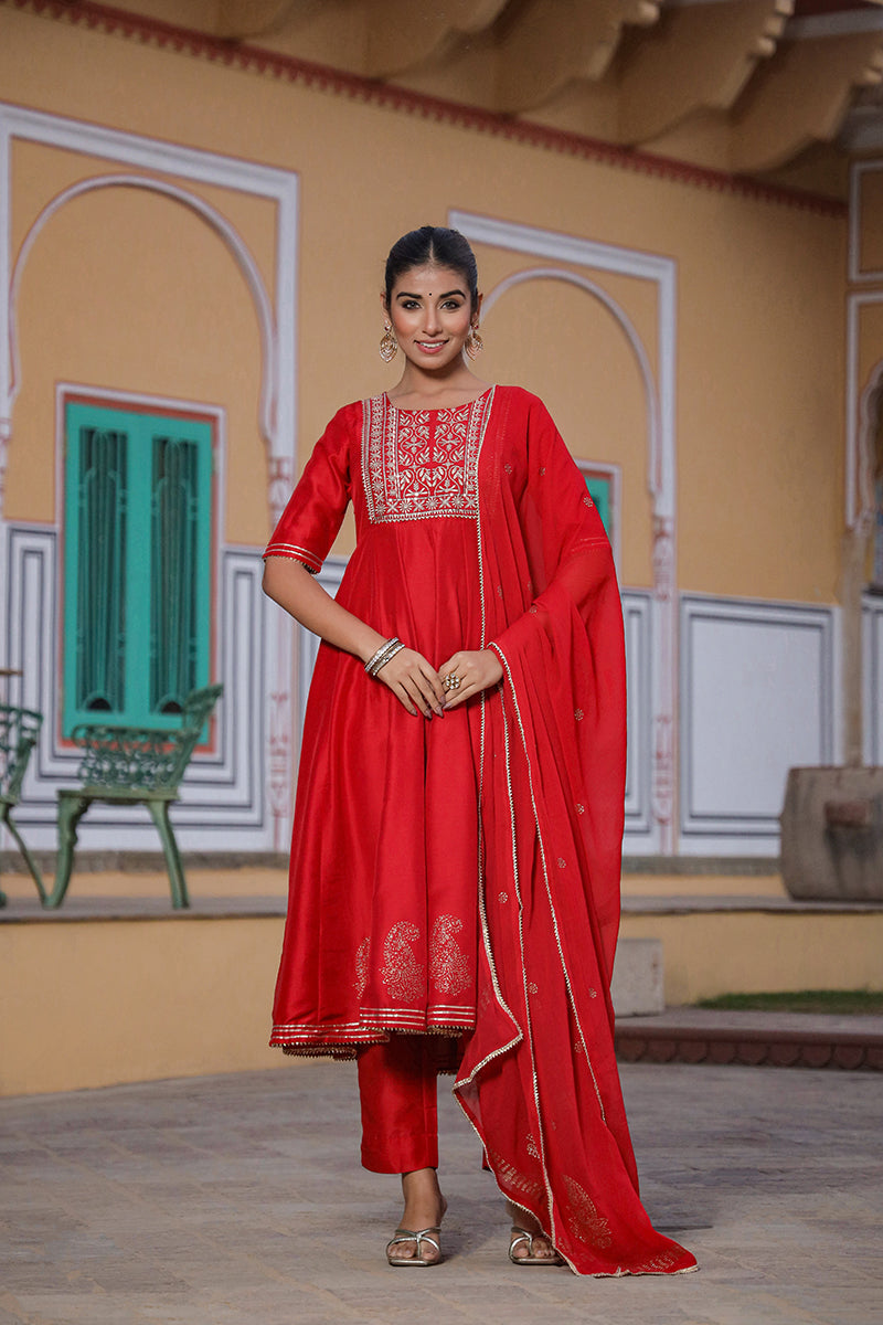 Maroon Silk Blend Anarkali Suit Set   | SHOBITAM