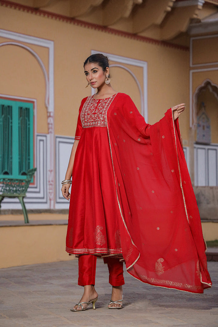 Maroon Silk Blend Anarkali Suit Set   | SHOBITAM