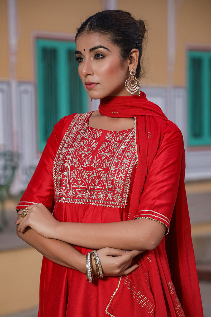 Maroon Silk Blend Anarkali Suit Set   | SHOBITAM