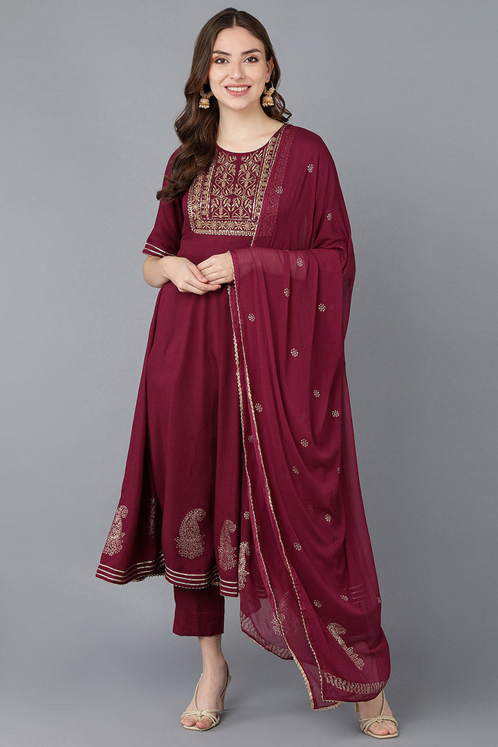 Burgundy Silk Blend Anarkali Suit Set   | SHOBITAM