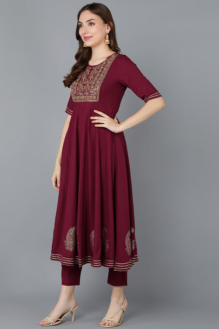 Burgundy Silk Blend Anarkali Suit Set   | SHOBITAM