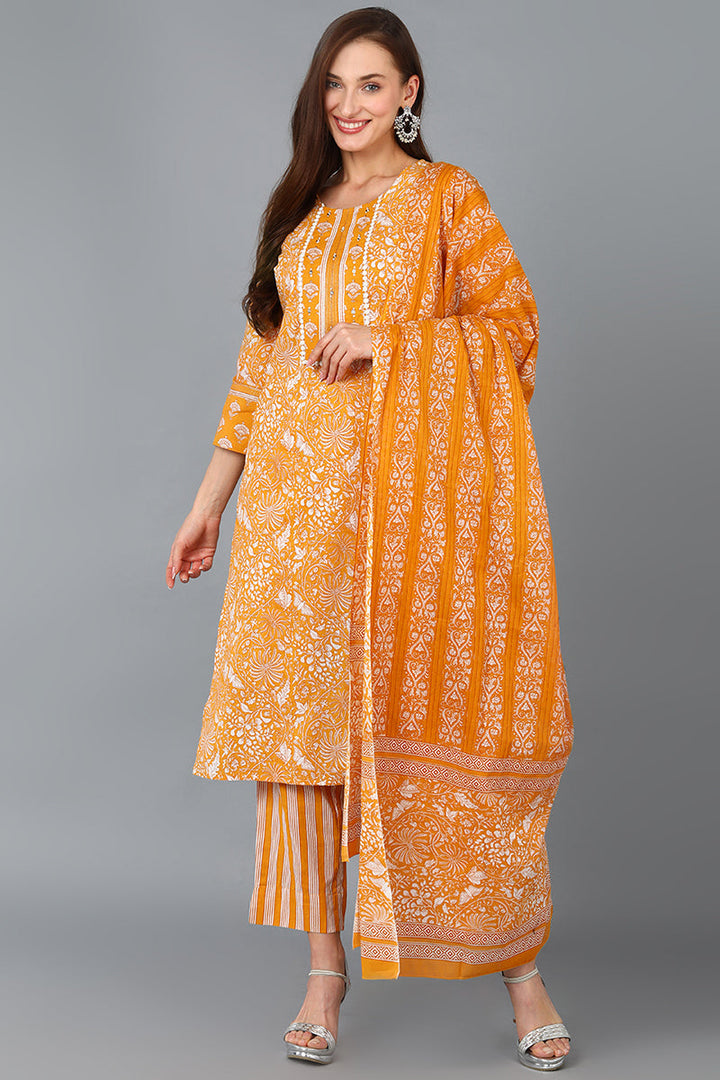 Mustard Pure Cotton Printed Kurta Trousers With Dupatta | SHOBITAM