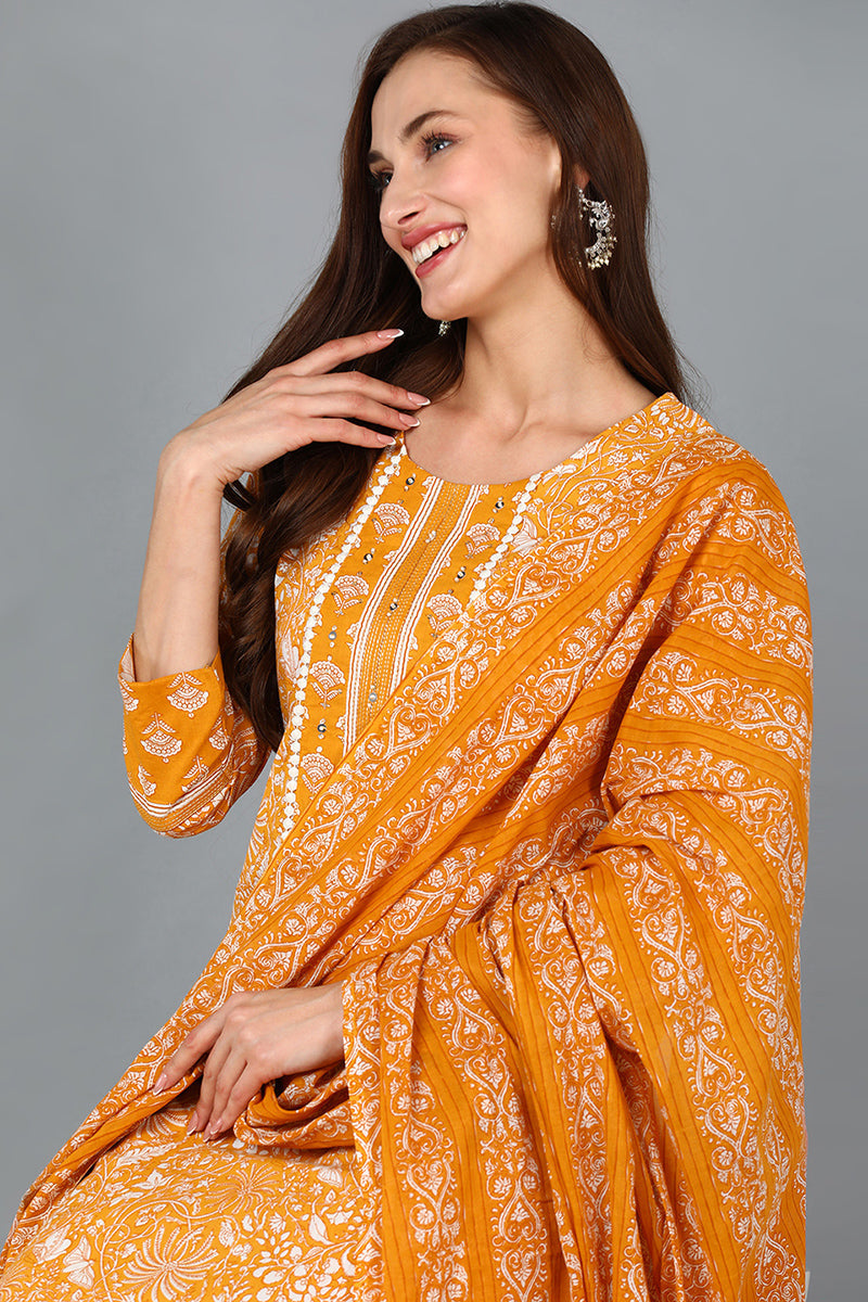 Mustard Pure Cotton Printed Kurta Trousers With Dupatta | SHOBITAM