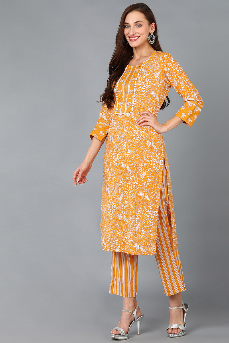 Mustard Pure Cotton Printed Kurta Trousers With Dupatta | SHOBITAM
