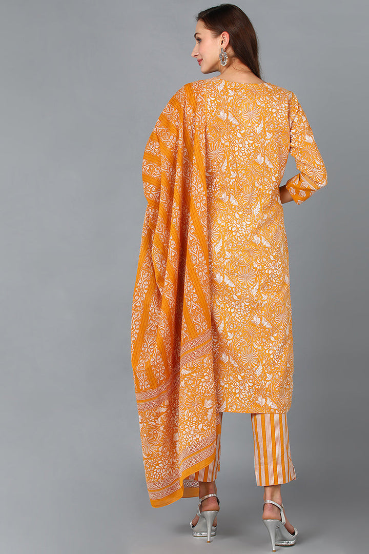 Mustard Pure Cotton Printed Kurta Trousers With Dupatta | SHOBITAM