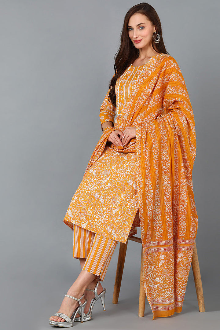Mustard Pure Cotton Printed Kurta Trousers With Dupatta | SHOBITAM