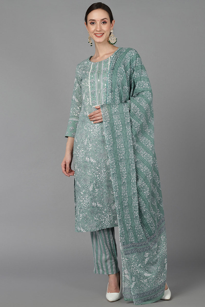 Green Pure Cotton Suit Set  | SHOBITAM
