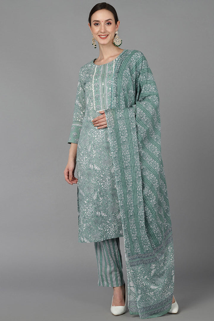Green Pure Cotton Suit Set  | SHOBITAM