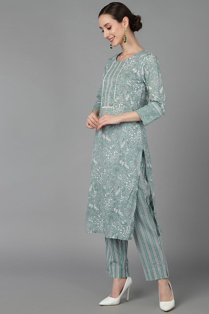 Green Pure Cotton Suit Set  | SHOBITAM