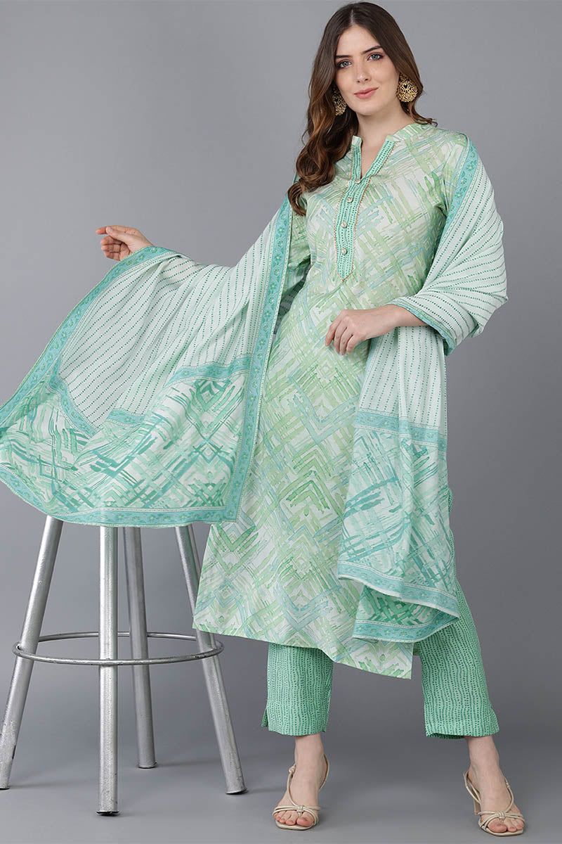 Green Poly Silk Straight Kurta Pant With Dupatta  | SHOBITAM