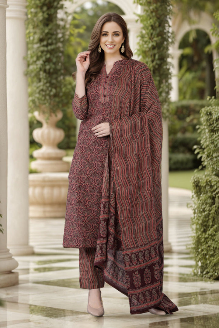 Maroon Rayon Blend straight Kurta Pant With Dupatta  | SHOBITAM