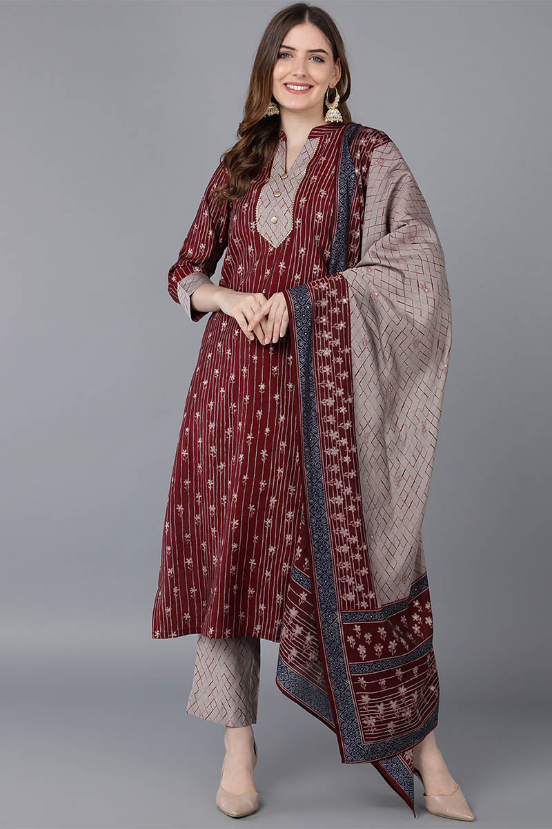 Maroon Poly Silk Straight Kurta Pant With Dupatta  | SHOBITAM