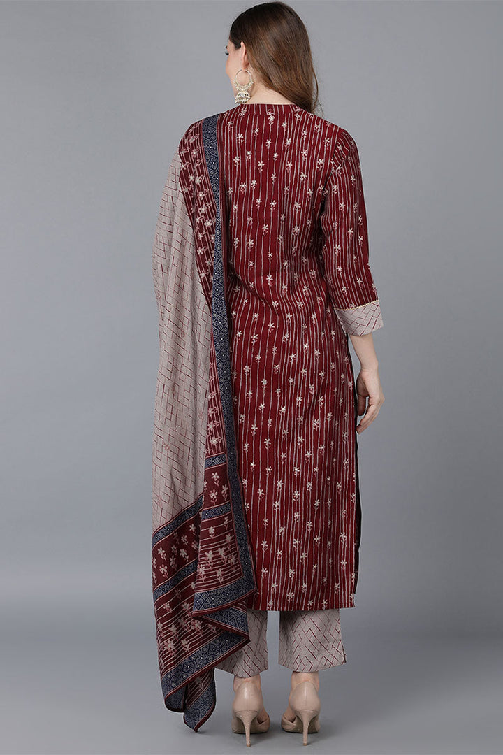 Maroon Poly Silk Straight Kurta Pant With Dupatta  | SHOBITAM