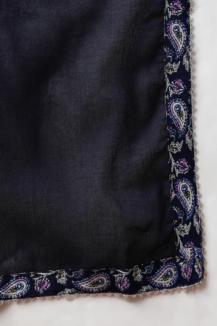 Navy Blue Pure Cotton Straight Kurta Palazzo With Dupatta  | SHOBITAM