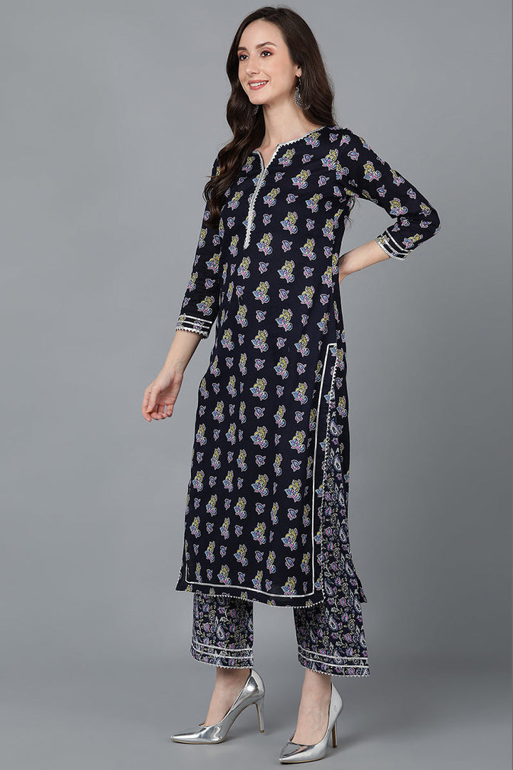 Navy Blue Pure Cotton Straight Kurta Palazzo With Dupatta  | SHOBITAM