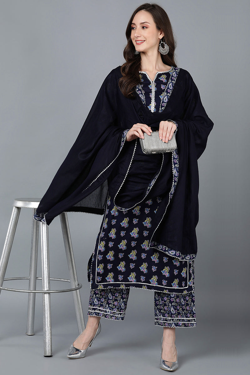 Navy Blue Pure Cotton Straight Kurta Palazzo With Dupatta  | SHOBITAM