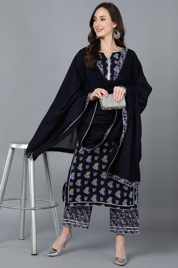Navy Blue Pure Cotton Straight Kurta Palazzo With Dupatta  | SHOBITAM