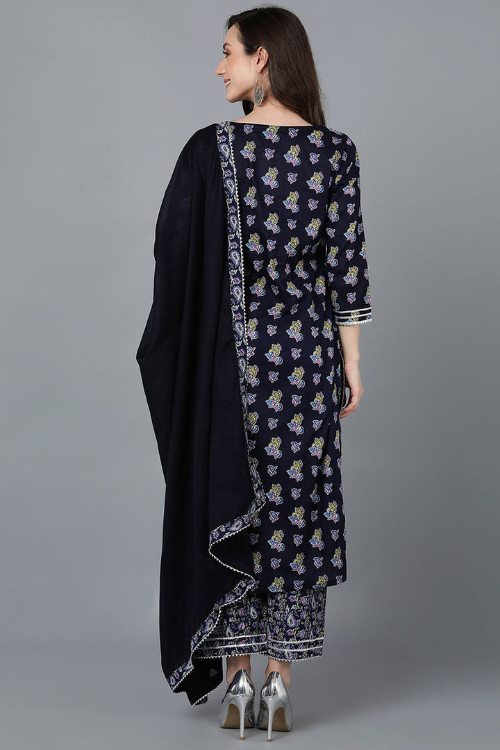 Navy Blue Pure Cotton Straight Kurta Palazzo With Dupatta  | SHOBITAM