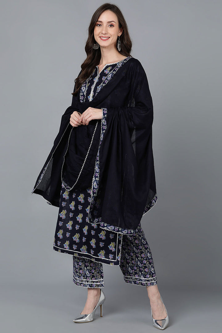 Navy Blue Pure Cotton Straight Kurta Palazzo With Dupatta  | SHOBITAM