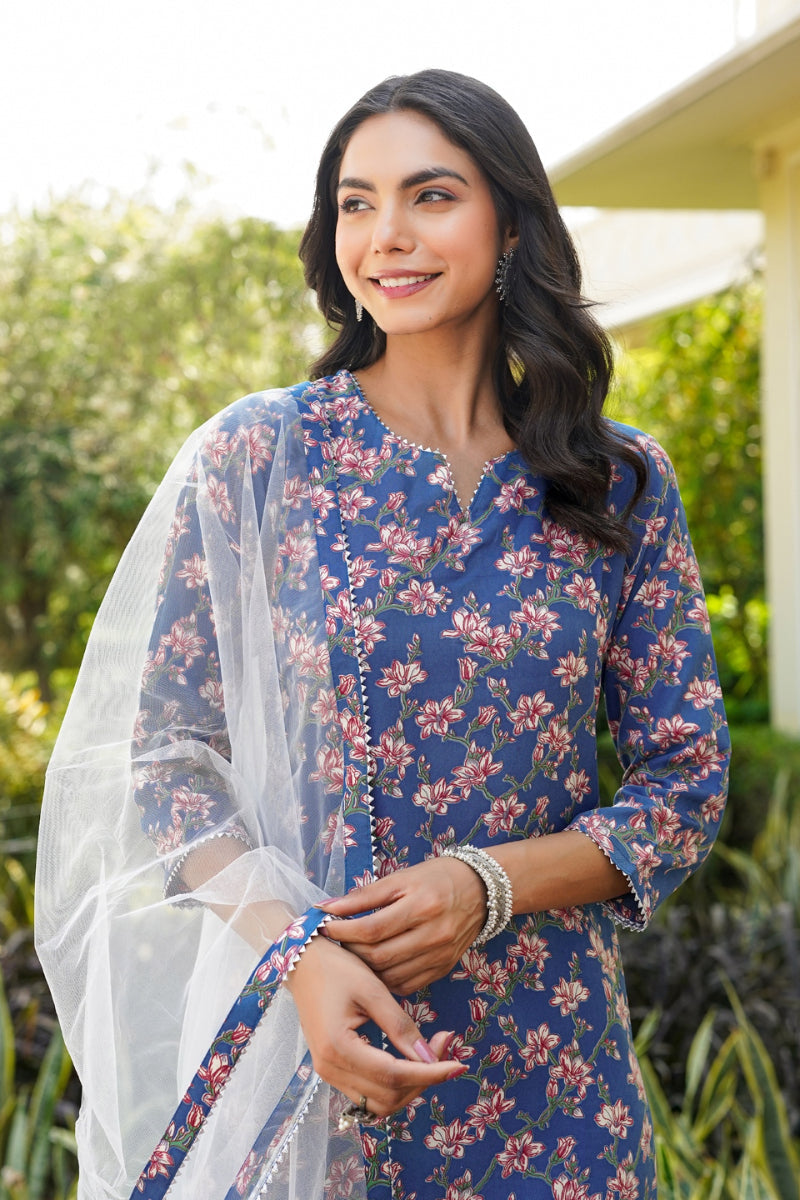 Blue Rayon Blend Floral Straight Suit Set  | SHOBITAM
