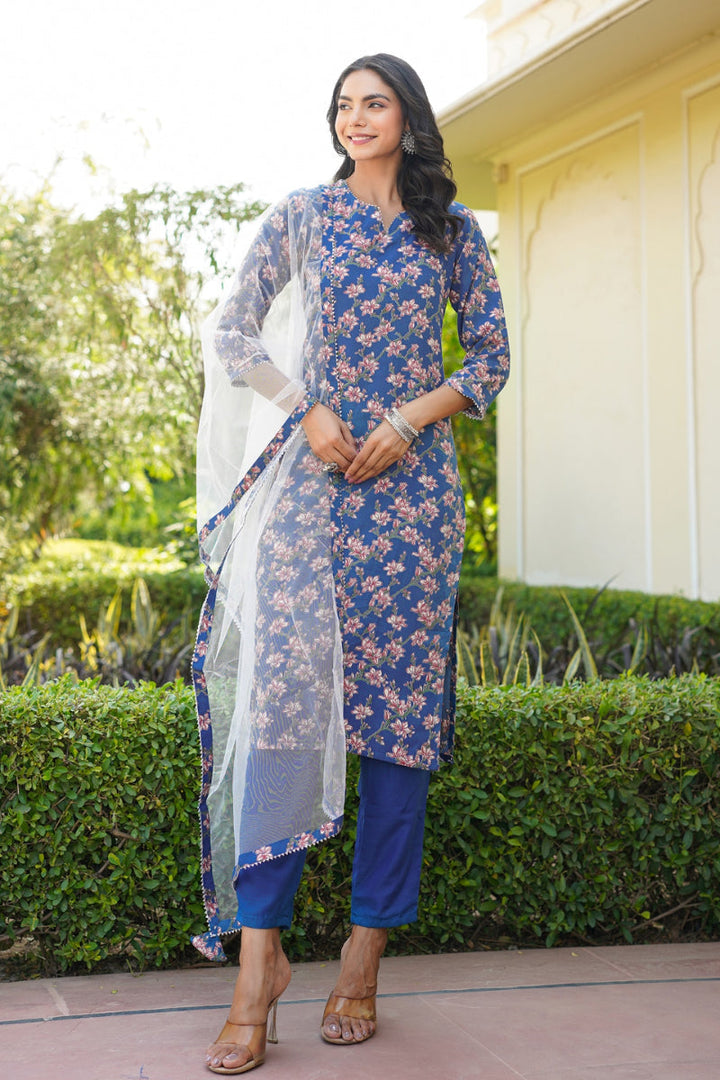 Blue Rayon Blend Floral Straight Suit Set  | SHOBITAM