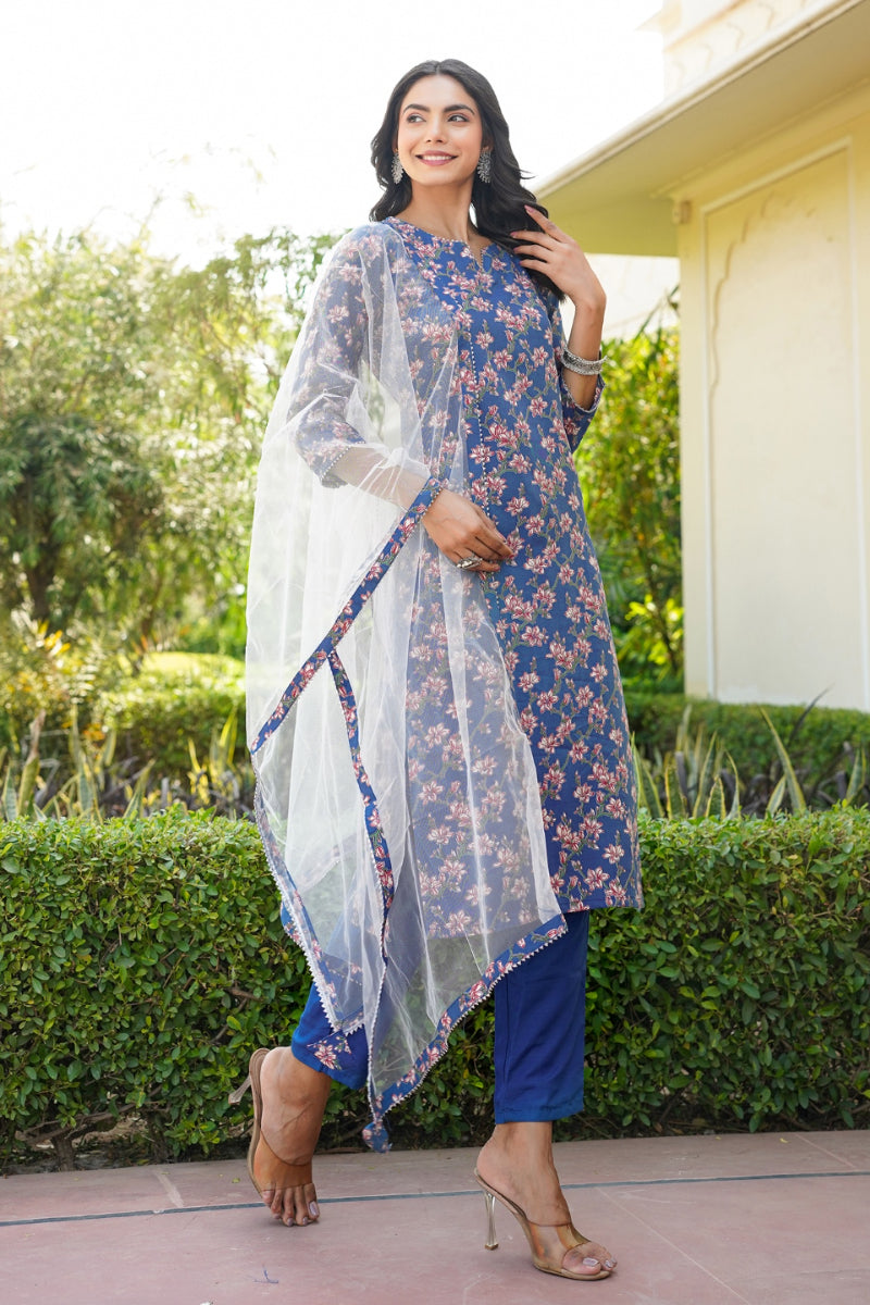 Blue Rayon Blend Floral Straight Suit Set  | SHOBITAM