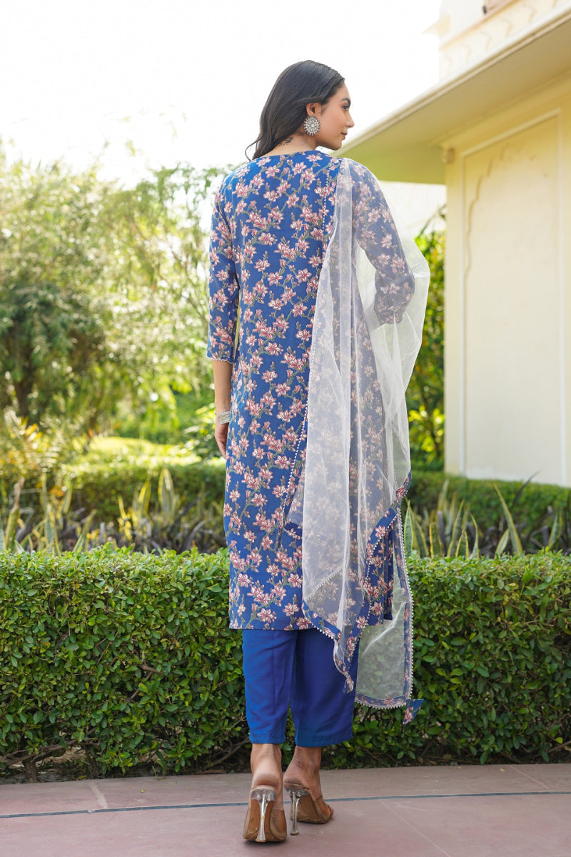 Blue Rayon Blend Floral Straight Suit Set  | SHOBITAM