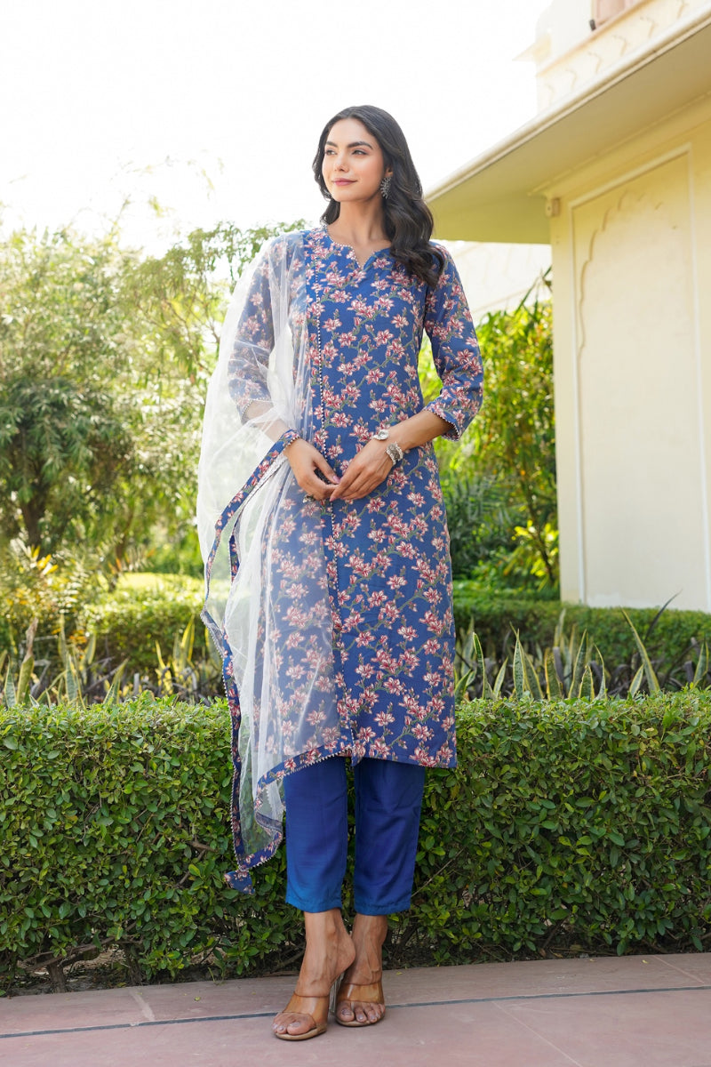 Blue Rayon Blend Floral Straight Suit Set  | SHOBITAM