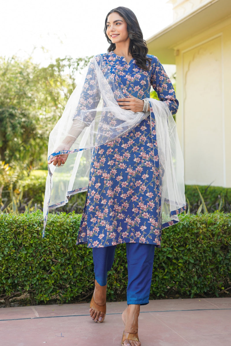 Blue Rayon Blend Floral Straight Suit Set  | SHOBITAM