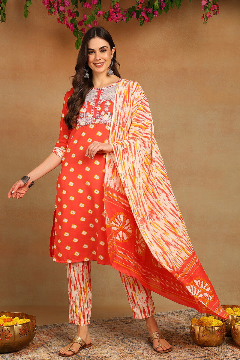 Orange Cotton Straight Kurta Pant With Dupatta  | SHOBITAM