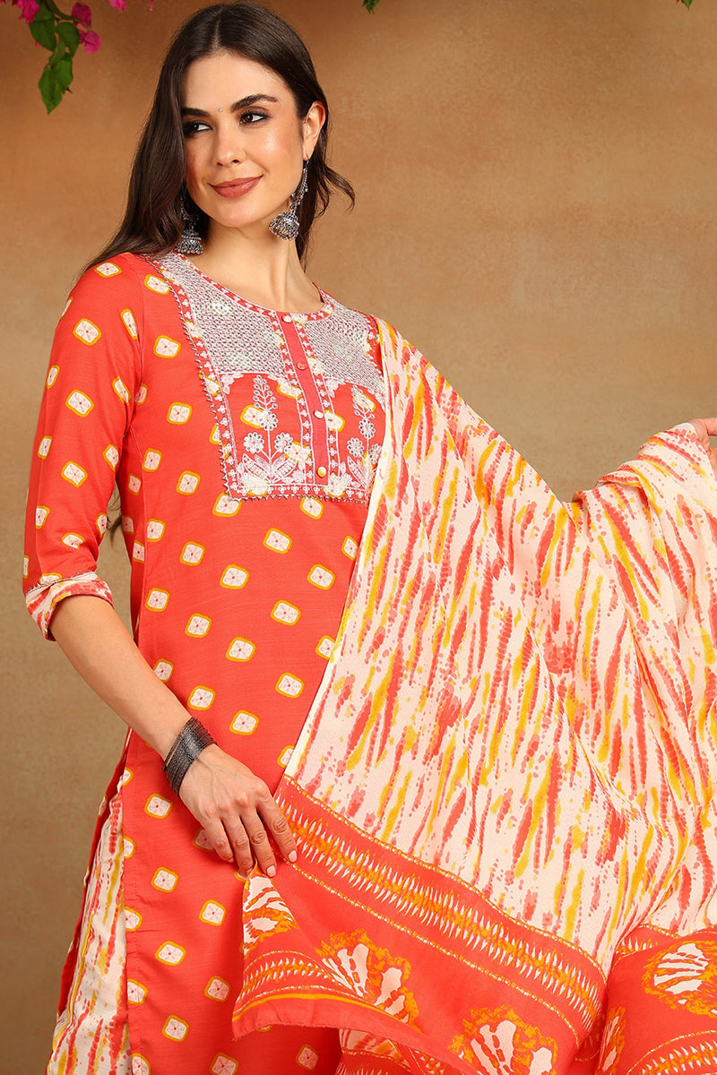 Orange Cotton Straight Kurta Pant With Dupatta  | SHOBITAM