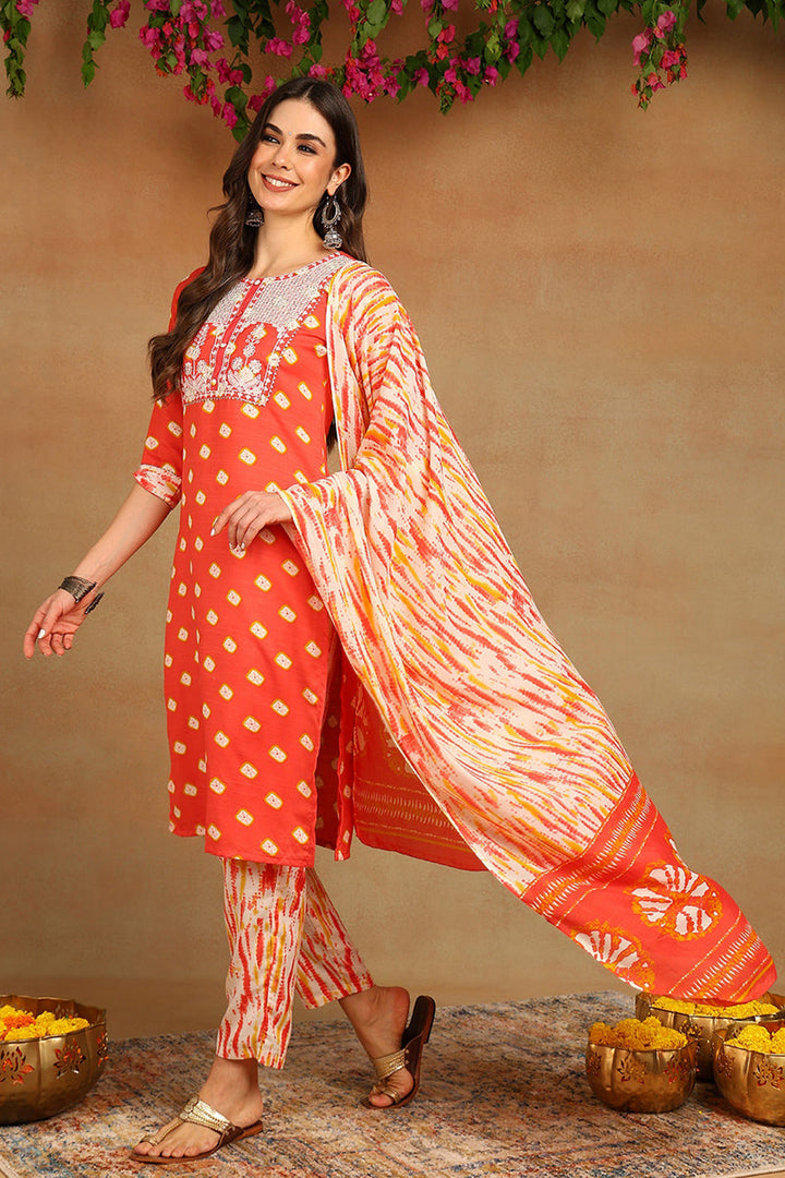 Orange Cotton Straight Kurta Pant With Dupatta  | SHOBITAM