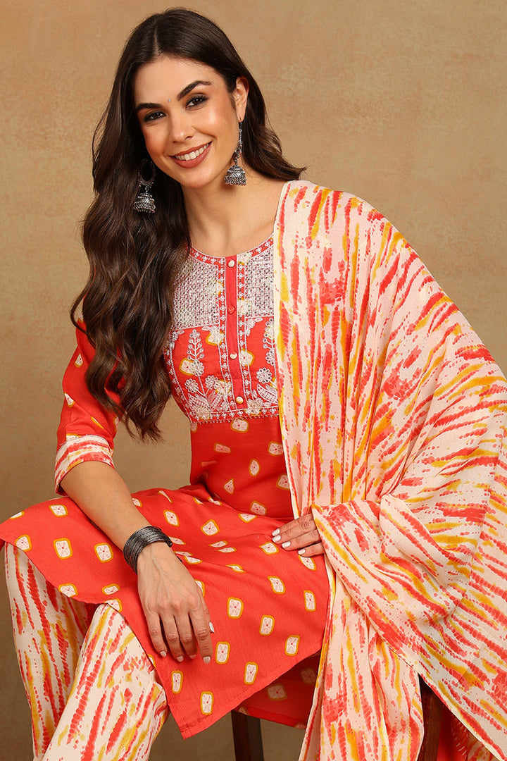 Orange Cotton Straight Kurta Pant With Dupatta  | SHOBITAM