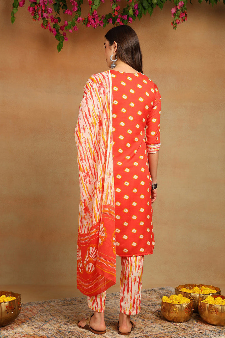 Orange Cotton Straight Kurta Pant With Dupatta  | SHOBITAM